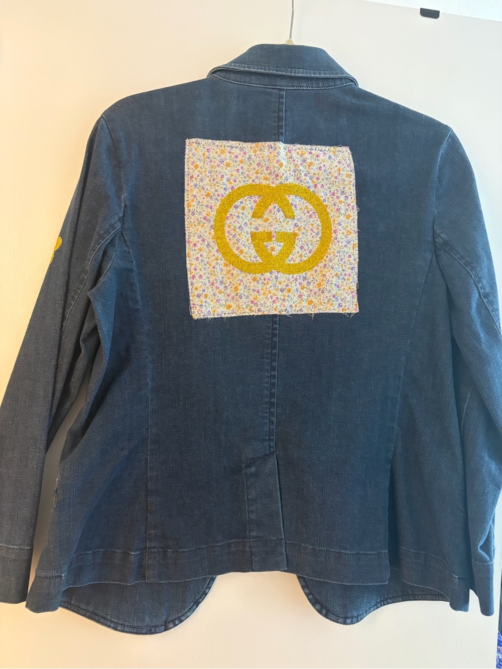Women's Dark Blue Denim Blazer with Yellow Floral Sleeve Accents and Patchwork